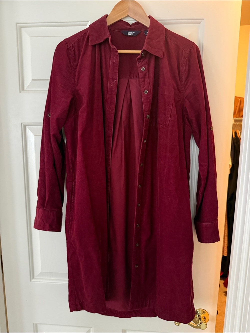 Lands' End Corduroy Shirt Dress in Wine Red